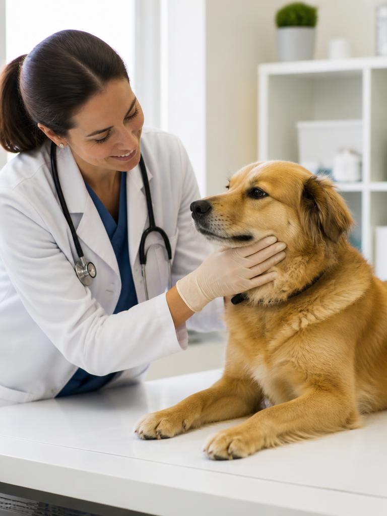 Veterinarian gently examining a dog on a consulting table